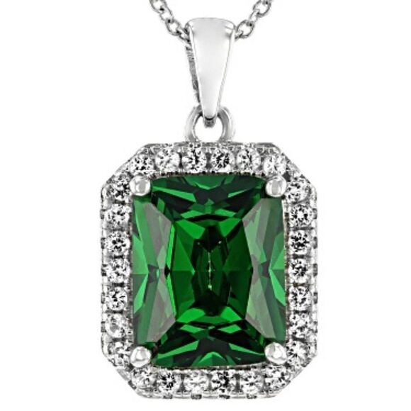 5.08ctw Emerald Simulant And Lab White Sapphire Rhodium Over Silver necklace 18" - Picture 1 of 3
